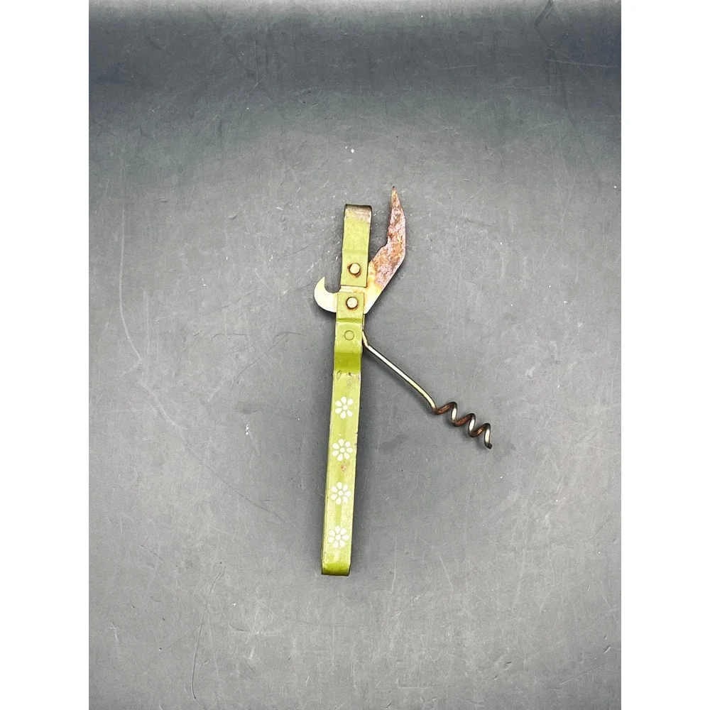 Vintage MCM Kitchen Multi Tool Can Bottle Opener Corkscrew Green Floral Retro‎